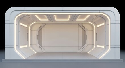 Fototapeta premium Futuristic white and grey sci-fi corridor with glowing light strips and minimalist design.