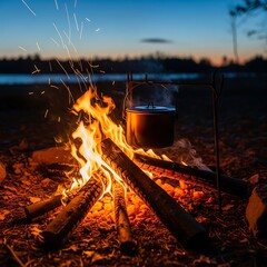 Outdoor cooking pot suspended over a bright, crackling campfire at twilight