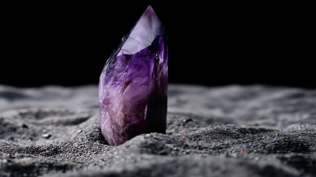 A vibrant, crystalline purple structure, partially buried in a coarse, gray textured material, against a dark backdrop
