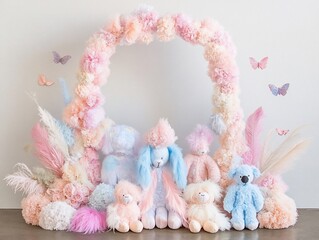 Charming pastel teddy bears and decorative arch create a whimsical scene