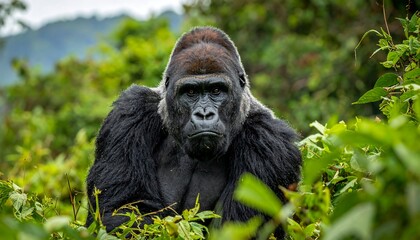 Obraz premium A majestic silverback gorilla peers from lush green foliage