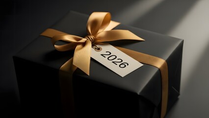 Close-up of a luxurious black gift box tied with a satin gold ribbon, featuring a tag with the number 2026, for a new year or birthday present