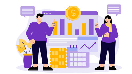Business team reviewing quarterly earnings Flat Vector Illustration