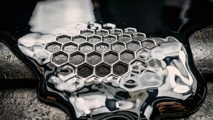 Molten Metal Flowing Over Hexagonal Mold Close-up