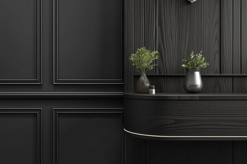 close-up corner wall with black wood paneling elegant decorative design matte gray background sleek console table and vases for interior decor concept