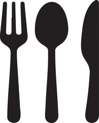 Black Cutlery Set Vector Icons. Isolated Fork, Spoon, and Knife Silhouettes.