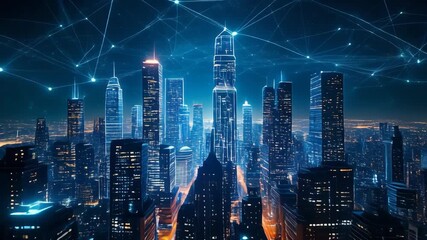 Cityscape with digital network connections overhead futuristic architecture - Powered by Adobe