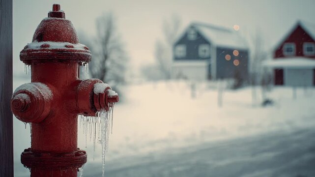 Icy fire hydrant in snowy townscape