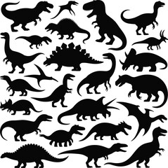 Silhouette dinosaur collection featuring T-rex, stegosaurus, triceratops, pterodactyl, and prehistoric creatures for educational materials, decorations, designs, crafts, and themed artwork