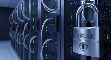 A large, metallic padlock secures a server rack, emphasizing data protection in a modern data center.