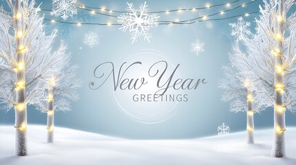 Magical winter forest dusted with snow, sparkling golden-white lights, frosted branches, and shimmering silver greeting on icy blue