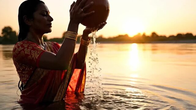 Indian woman performing traditional jal arpan ritual during golden backlit sunrise over sacred river for makar sankranti