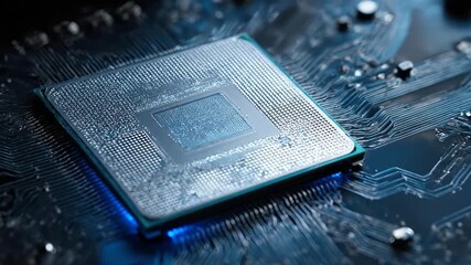 Close-up of a CPU on a circuit board, showcasing intricate microchips and electronic pathways - Footage - Powered by Adobe
