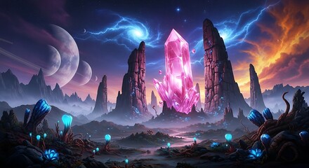 A vibrant alien landscape showcases towering rock formations, a magnificent glowing crystal, and luminous flora beneath a dramatic celestial scene.