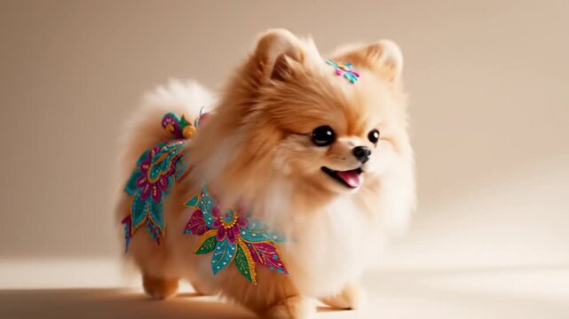 Adorable Pomeranian dog with colorful floral patterns on its fur, looking cute and playful.