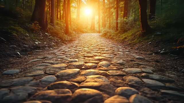 A cobblestone path winds through a sunlit forest, leading towards bright, golden light