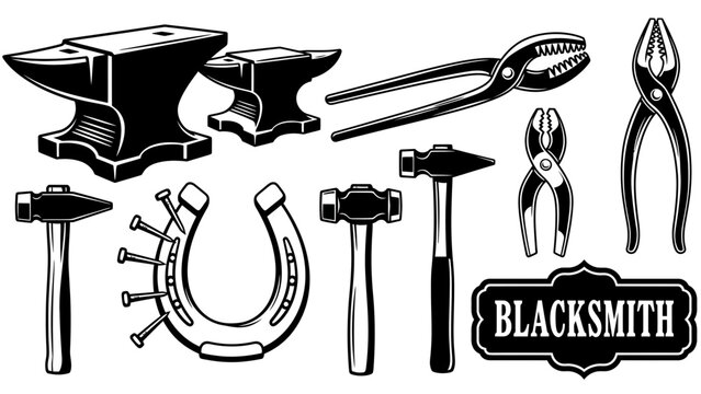Blacksmith tools illustration set featuring anvil, hammer, tongs, pliers, and forge equipment representing metalwork craftsmanship and traditional smithing trade