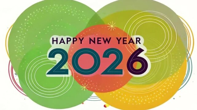 HAPPY NEW YEAR 2026 vector brush calligraphy banner with colorful overlapping circles.