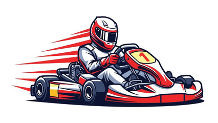 Professional race kart illustration with a skilled driver in white racing suit and helmet driving a red kart at high speed, emphasizing aggressive motion and competitive racing