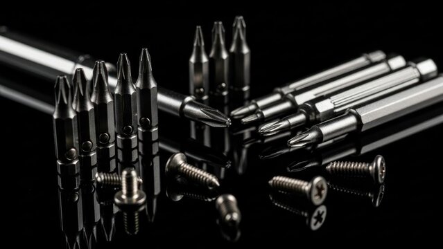 Precision Tools: Close-up of Screwdriver Bits and Screws on Black Surface.