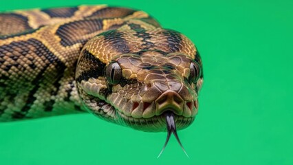 Reticulated Python Close-Up: Intricate Scales and Forked Tongue on Green Backdrop