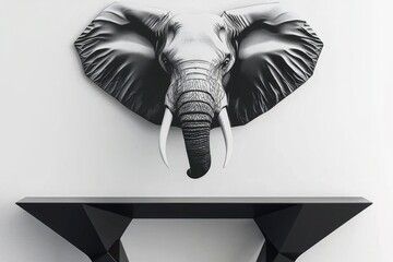 modern wall art of elephant head in black and grey symmetrical composition with console table on white background for interior decor