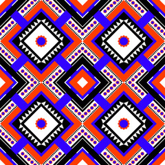 Seamless ethnic geometric textile pattern inspired by tribal motifs, featuring large repeating diamond structures with multiple nested layers. Bold color palette of bright orange, electric blue, deep 