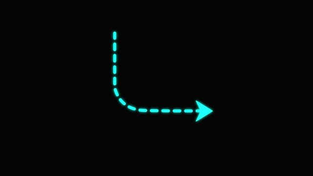 Wavy Downward right-angle Arrow Animation with Dotted Line Path on Black Background, Minimal Motion Graphic Element for Direction, Navigation, and Flow Visualization.