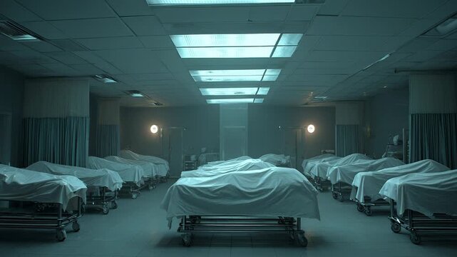 Empty hospital beds in dimly lit room
