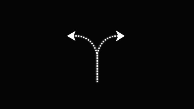 Glowing Split Direction Arrow Animation on Black Background &ndash; Futuristic Dotted Path Indicator for Navigation, Choice Making, and User Interface Elements.