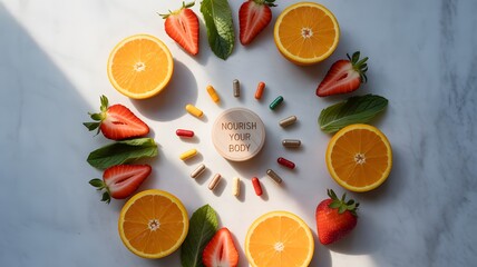 Boost your wellness with vibrant fruits, fresh mint, and supplements for a healthier lifestyle today
