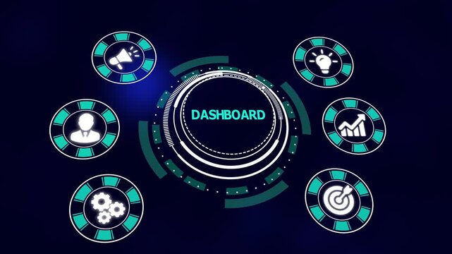 Digital Business Dashboard Interface with Smart Analytics Icons and Connected Data Visualization System for Corporate Performance Monitoring.