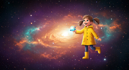 Joyful cartoon girl ventures through a stunning cosmic galaxy cradling a bright glowing orb radiating wonder. AI Generated