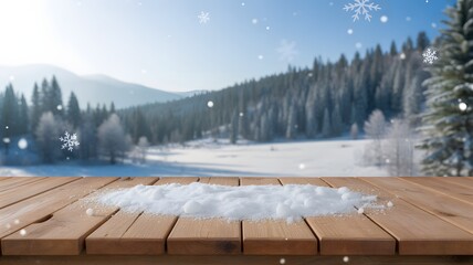 Enchanting winter wonderland scene with fresh snow on wooden table overlooking snowy forest landscape