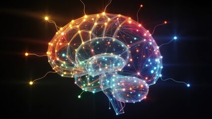 Abstract digital representation of a human brain structure with glowing network connections against black