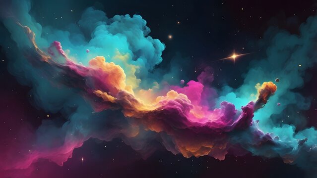 Highly Stylized Vector Art Illustration of a Colorful Cosmic Nebula Swirling in Deep Outer Space