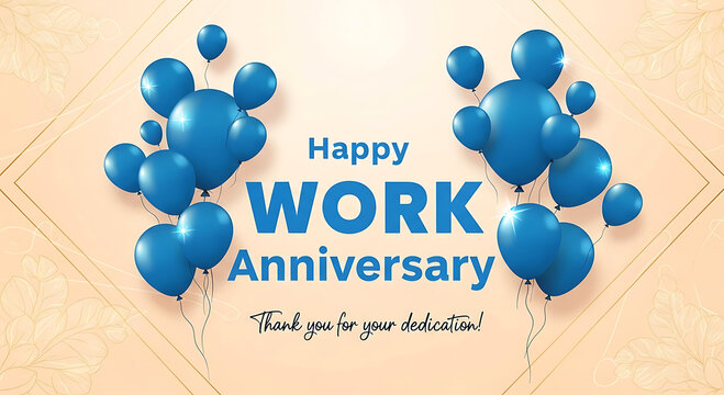 Blue balloons celebrate happy work anniversary with thank you message celebration