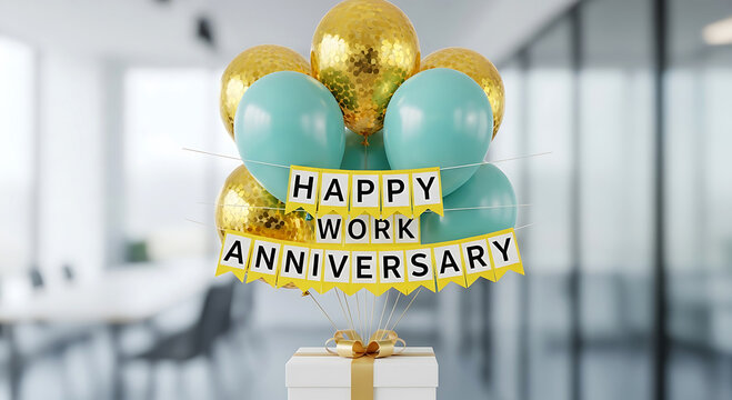 Teal and gold balloons with happy work anniversary banner above gift box image