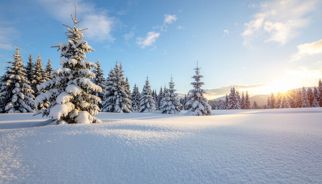 A peaceful winter scene with sunlight peaking over a snow-covered field and pine trees dusted with fresh white snow. A calm, beautiful morning.