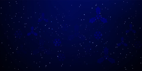 Beautiful glowing snow Christmas background. Subtle flying snow flakes and stars on dark blue night background. Appealing winter silver snowflake overlay template. Immaculate vector illustration.