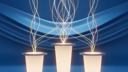 Abstract Digital Glowing Pedestals Emitting Vibrant Data Lines Against Elegant Blue Background