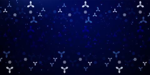 Sparse snowfall Christmas background. Subtle flying snow flakes and stars on dark blue night background. Beauteous winter silver snowflake overlay template. Symmetrical vector illustration.