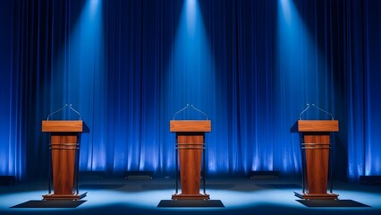 Three wooden podiums on a stage with microphones for a debate or conference