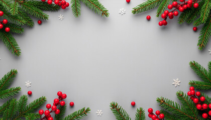 Top view of Christmas border made of green fir branches, bright red holly berries, and white snowflakes on a neutral gray background with copy space.