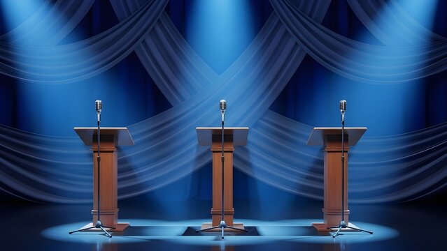 Three empty podiums with microphones on a debate stage under blue spotlights.