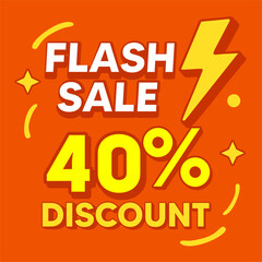 Flash Sale Discount Banner Template. Orange background with yellow lightning bolt icon and bold text. Vector illustration for social media promotion and retail marketing.