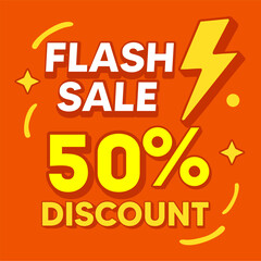 Flash Sale Discount Banner Template. Orange background with yellow lightning bolt icon and bold text. Vector illustration for social media promotion and retail marketing.