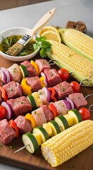 Colorful skewers of grilled meat, vegetables, and pineapple, alongside corn on the cob, ready for a summer barbecue.