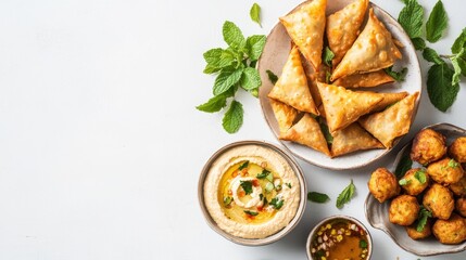 golden-brown samosas, crispy pakoras, a bowl of creamy hummus, and a side of fresh mint leaves,