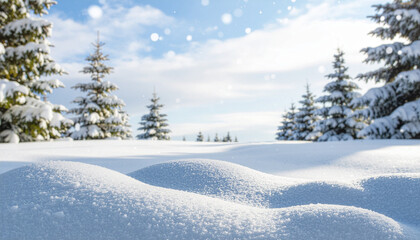 Peaceful, snow-covered forest landscape with evergreen trees under a blue sky. Fresh white snow drifts and gentle flurries create a serene scene.